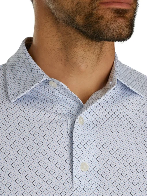 Footjoy Lisle Geo Print Golf Shirt - White/Light Blue/Navy