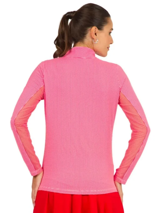 Ibkul Mini Check Long Sleeve Mock Neck Top - Red/White