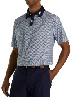 Footjoy Lisle Circle Print Golf Shirt (Athletic Fit) - Navy/True Blue/Almond