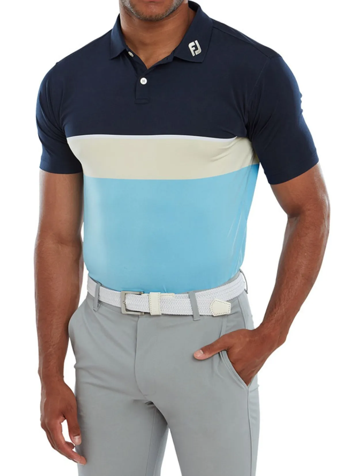 Footjoy Lisle Colour Theory Golf Shirt (Athletic Fit) - Navy/Almond/True Blue