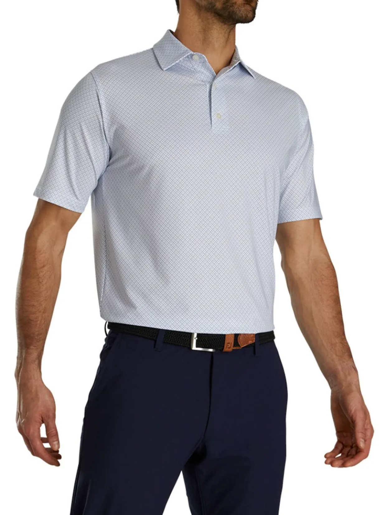 Footjoy Lisle Geo Print Golf Shirt - White/Light Blue/Navy