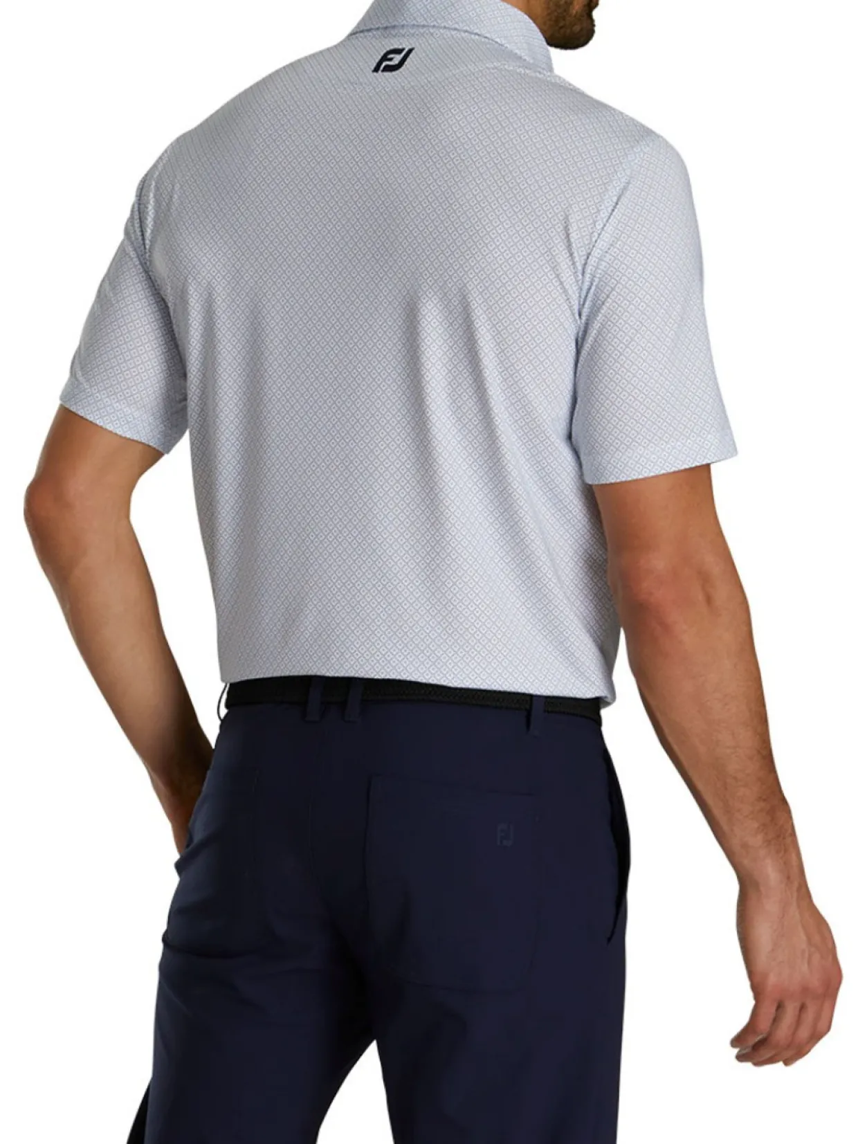 Footjoy Lisle Geo Print Golf Shirt - White/Light Blue/Navy