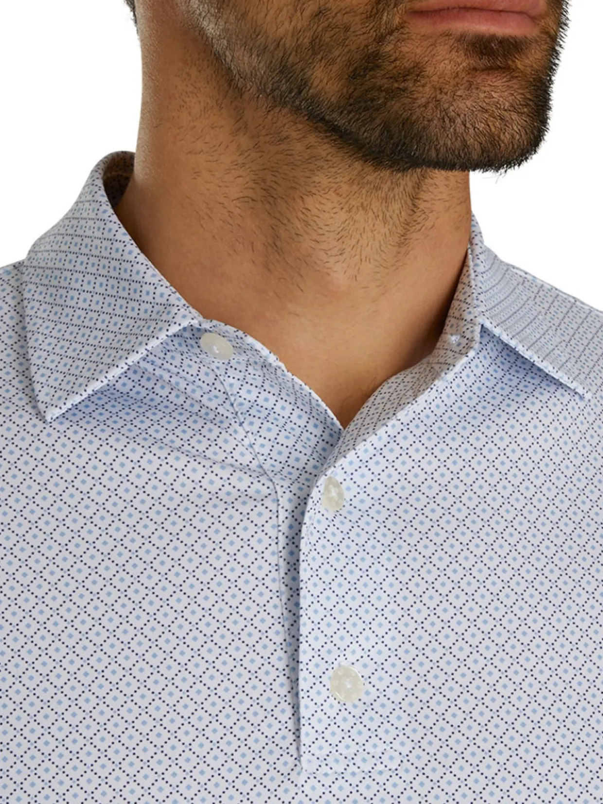 Footjoy Lisle Geo Print Golf Shirt - White/Light Blue/Navy