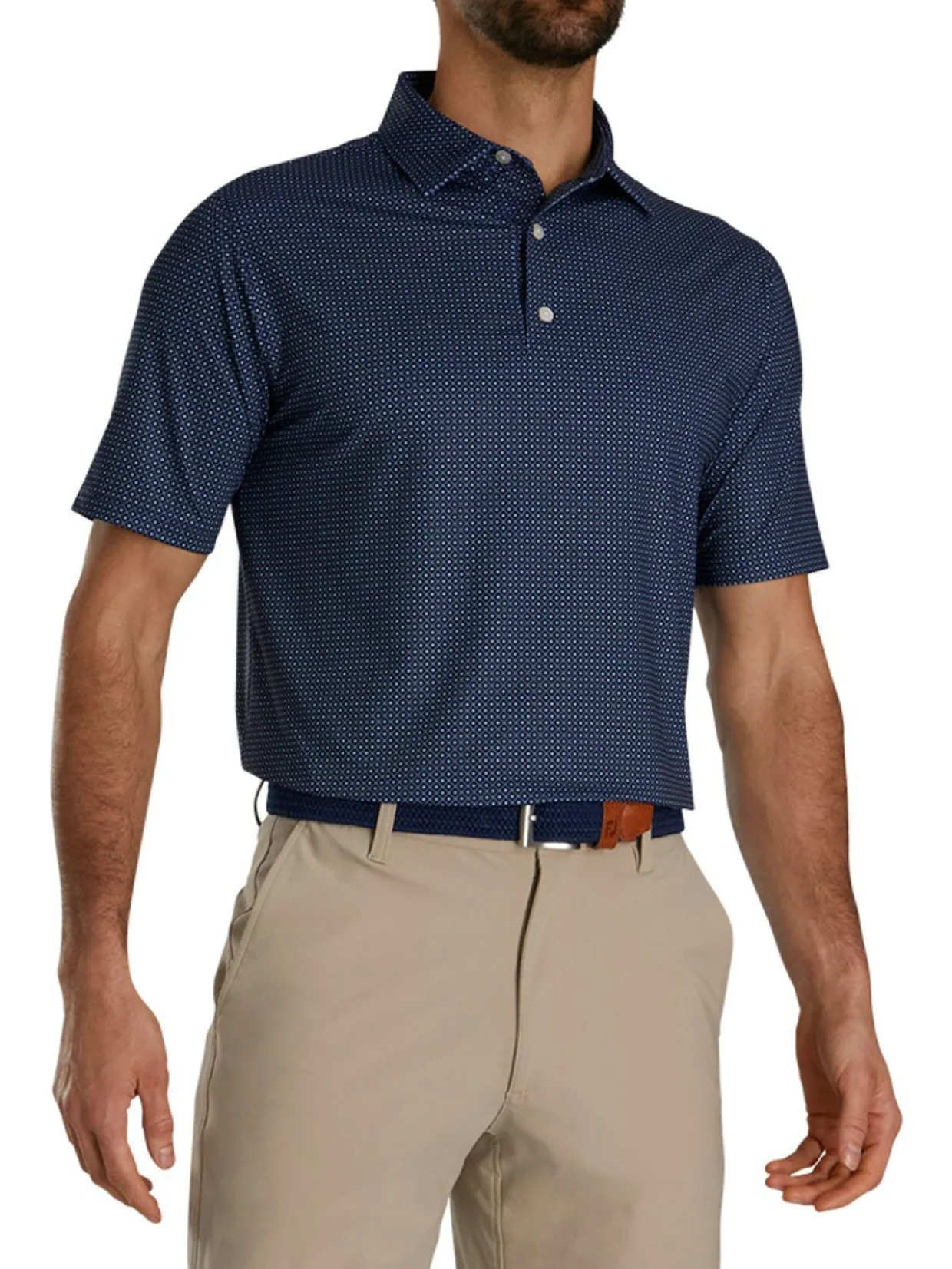 Footjoy Lisle Geo Print Golf Shirt - Navy/Light Blue/White