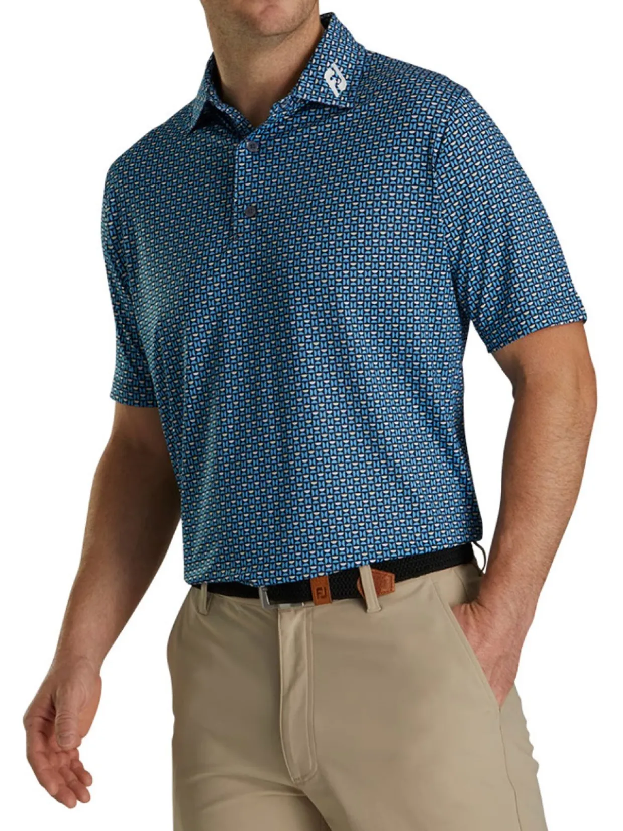 Footjoy Lisle Half Moon Geo Print Golf Shirt (Athletic Fit) - Navy/Blue/Almond