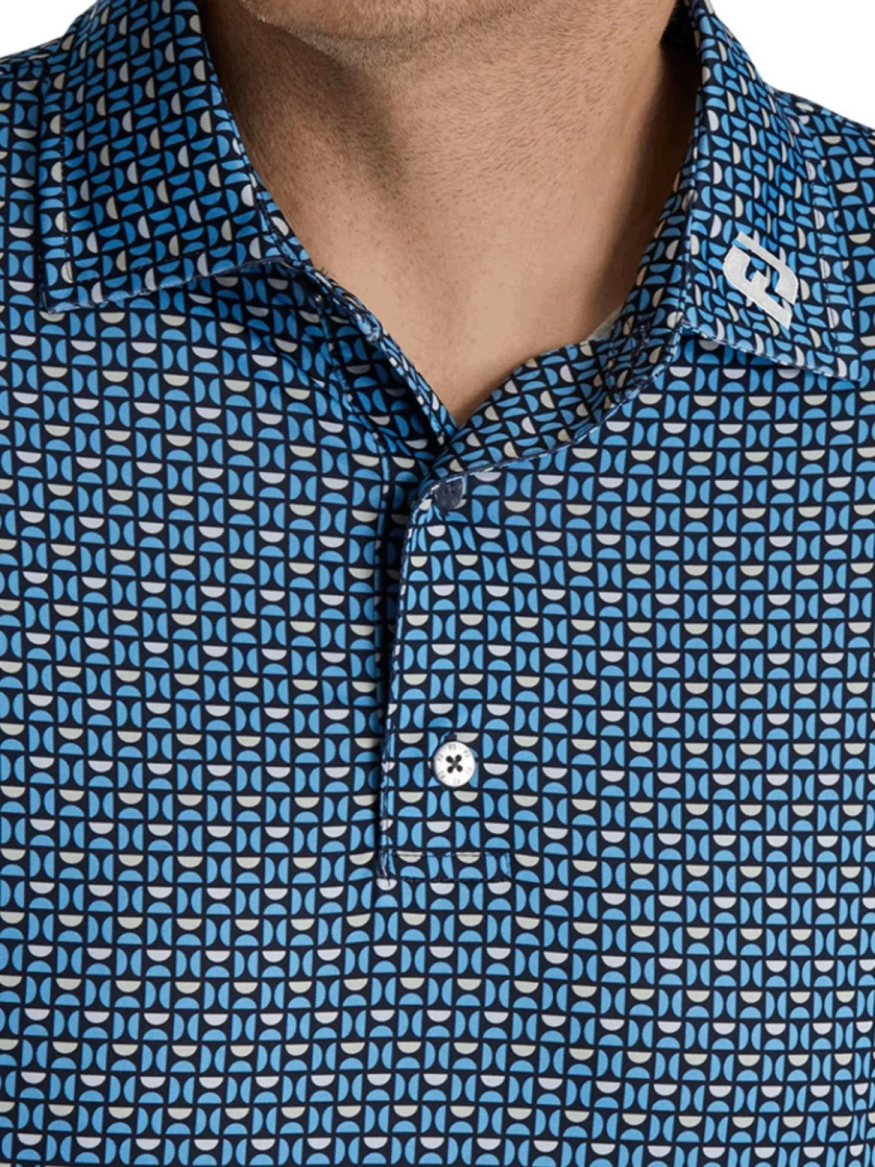 Footjoy Lisle Half Moon Geo Print Golf Shirt (Athletic Fit) - Navy/Blue/Almond