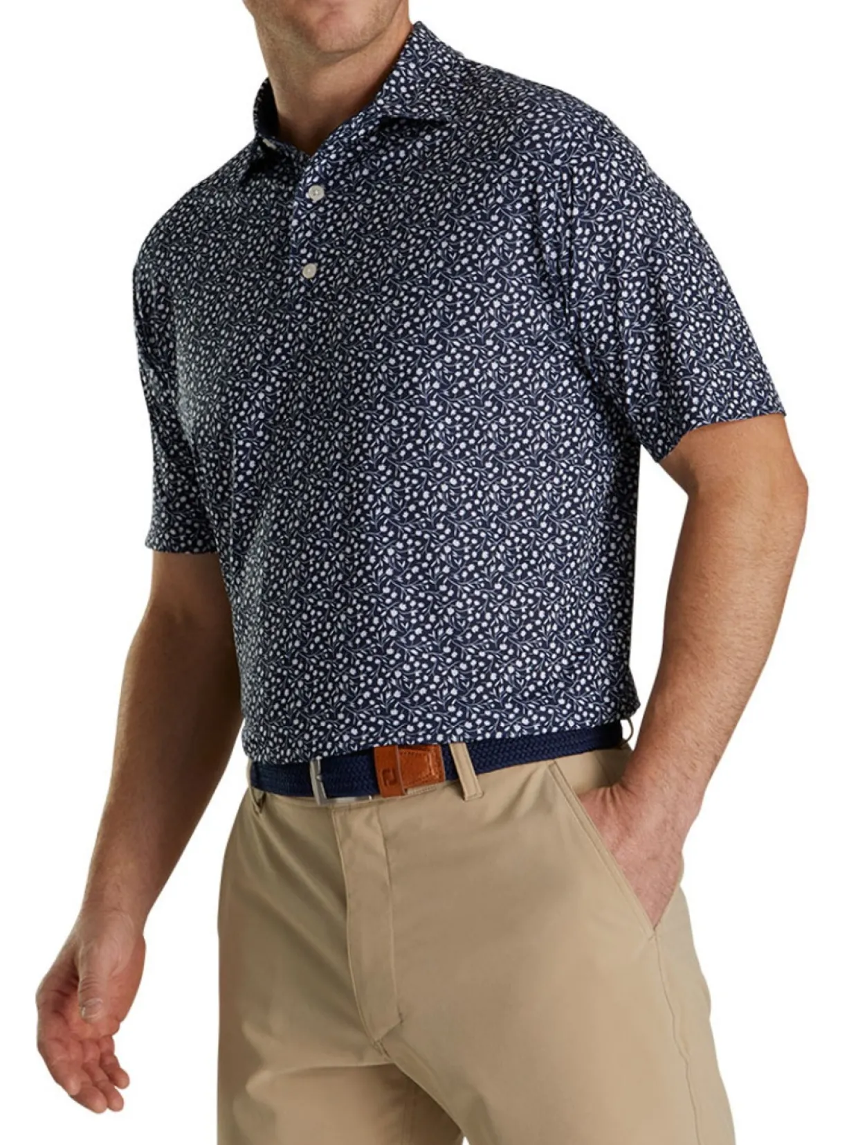 Footjoy Lisle Tossed Tulips Golf Shirt - Navy/White