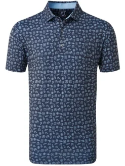 Footjoy Lisle Travel Print Golf Shirt (Athletic Fit) - Navy/True Blue