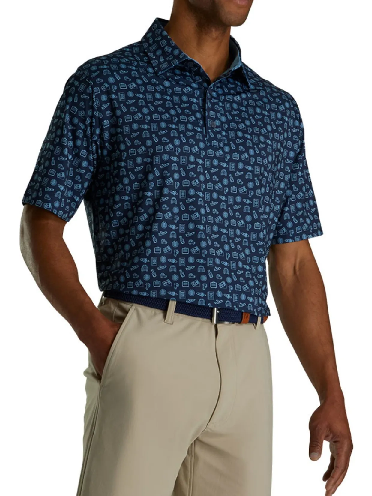 Footjoy Lisle Travel Print Golf Shirt (Athletic Fit) - Navy/True Blue