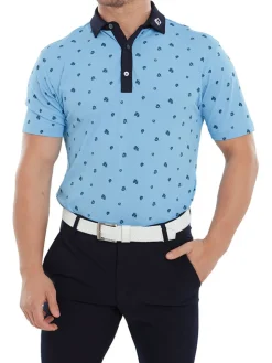 Footjoy Pique Scattered Floral Print Golf Shirt (Athletic Fit) - True Blue/Navy