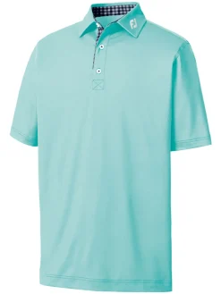 Footjoy Stretch Pique Solid Gingham Trim Golf Shirt (Athletic Fit) - Aqua Surf
