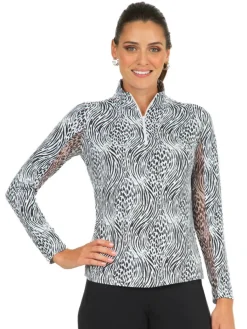 Ibkul Alena Print Long Sleeve Mock Neck Top - Black/White