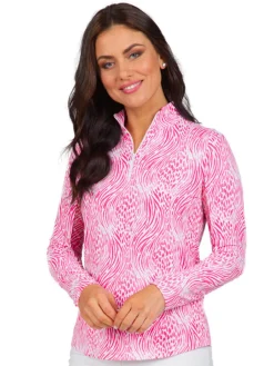 Ibkul Alena Print Long Sleeve Mock Neck Top - Watermelon/White