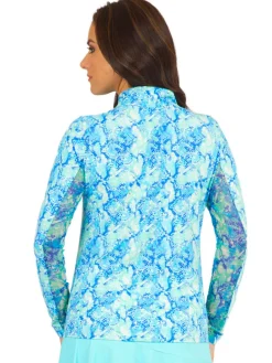 Ibkul Cora Print Long Sleeve Mock Neck Top - Jade/Blue