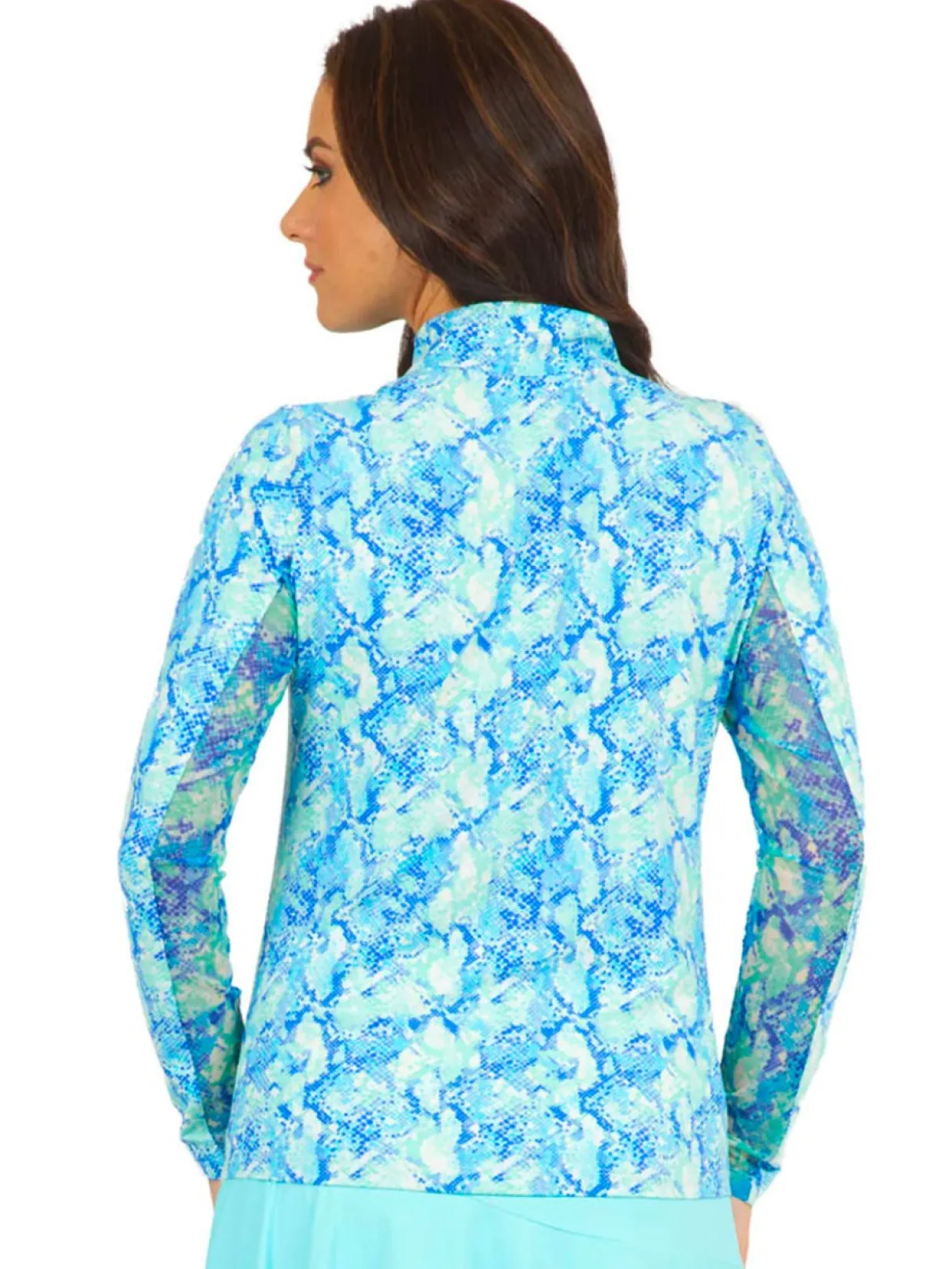 Ibkul Cora Print Long Sleeve Mock Neck Top - Jade/Blue