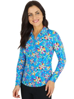 Ibkul Estela Print Long Sleeve Mock Neck Top - Blue/Multi