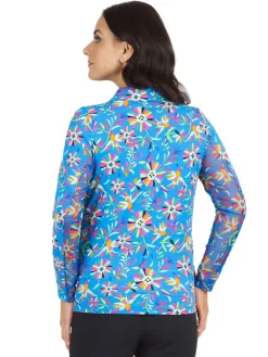 Ibkul Estela Print Long Sleeve Mock Neck Top - Blue/Multi