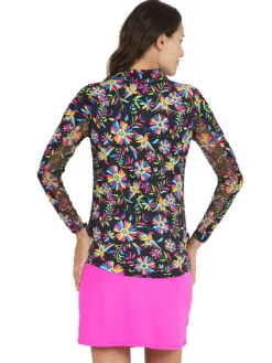 Ibkul Estela Print Long Sleeve Mock Neck Top - Black/Multi