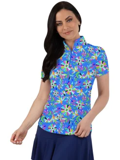 Ibkul Estela Print Short Sleeve Mock Neck - Blue/Multi