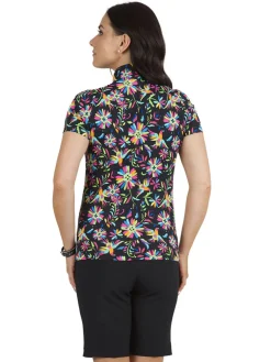 Ibkul Estela Print Short Sleeve Mock Neck - Black/Multi