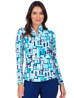 Ibkul Jennifer Print Long Sleeve Mock Neck Top - Turquoise/Navy