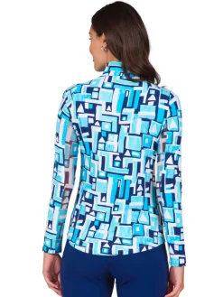 Ibkul Jennifer Print Long Sleeve Mock Neck Top - Turquoise/Navy