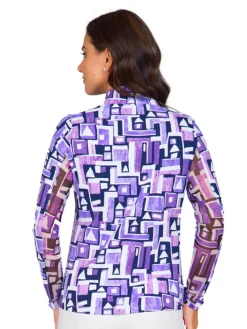Ibkul Jennifer Print Long Sleeve Mock Neck Top - Plum/Navy