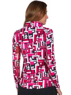 Ibkul Jennifer Print Long Sleeve Mock Neck Top - Red/Black