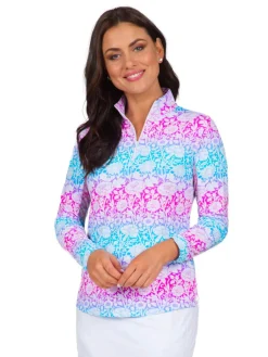 Ibkul Jesse Print Long Sleeve Mock Neck Top - Hot Pink/Turquoise