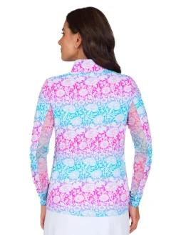 Ibkul Jesse Print Long Sleeve Mock Neck Top - Hot Pink/Turquoise