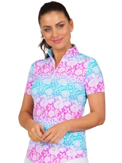 Ibkul Jesse Print Short Sleeve Mock Neck - Hot Pink/Turquoise