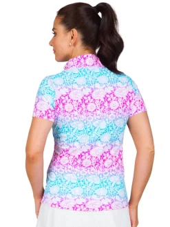 Ibkul Jesse Print Short Sleeve Mock Neck - Hot Pink/Turquoise
