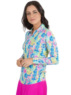 Ibkul Lilli Print Long Sleeve Mock Neck Top - Hot Pink/Multi