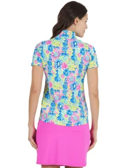 Ibkul Lilli Print Short Sleeve Mock Neck - Hot Pink/Multi