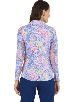 Ibkul Mariel Print Long Sleeve Mock Neck Top - Blue/Multi