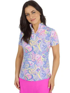 Ibkul Mariel Print Short Sleeve Mock Neck - Blue/Multi