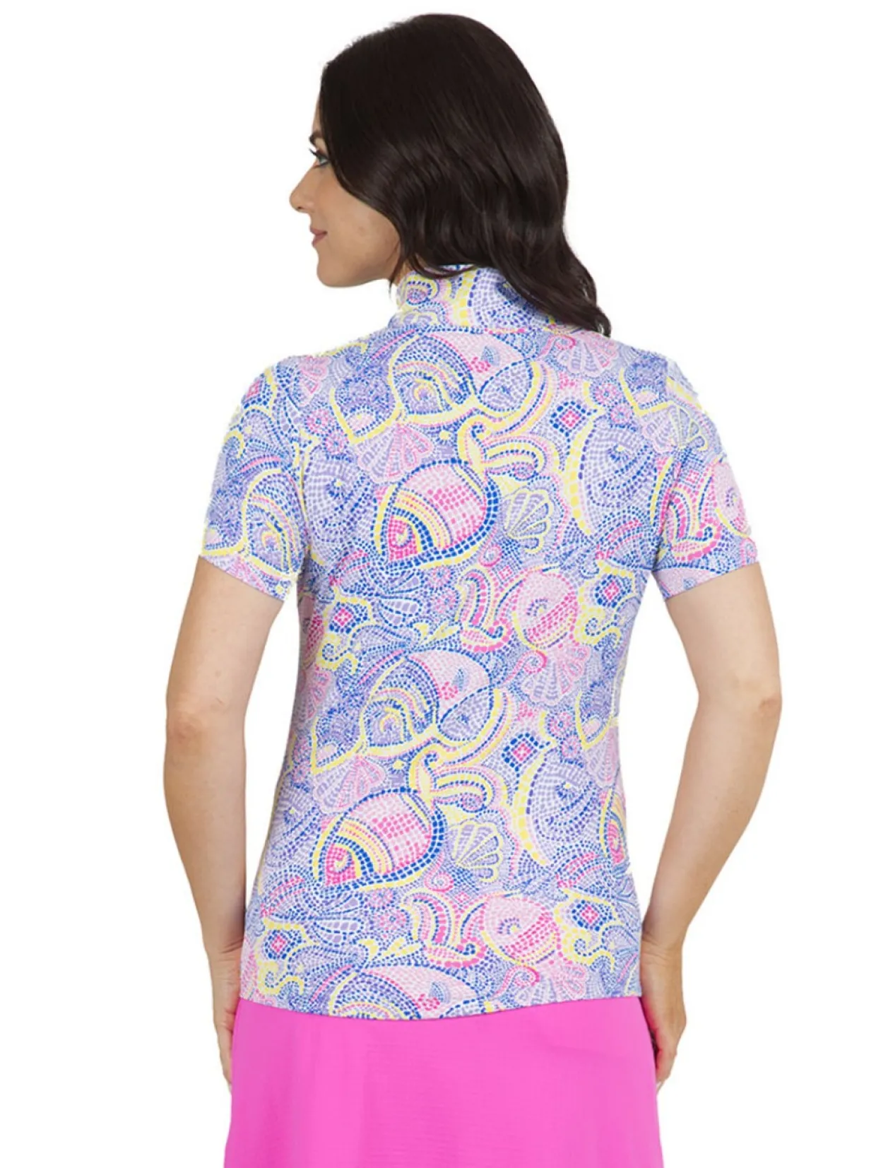 Ibkul Mariel Print Short Sleeve Mock Neck - Blue/Multi