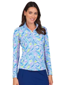 Ibkul Massie Print Long Sleeve Mock Neck Top - Plum/Multi