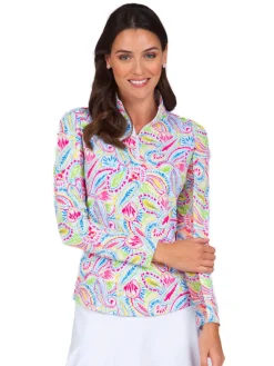 Ibkul Massie Print Long Sleeve Mock Neck Top - Watermelon/Multi