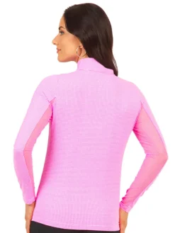 Ibkul Mini Check Long Sleeve Mock Neck Top - Hot Pink/White