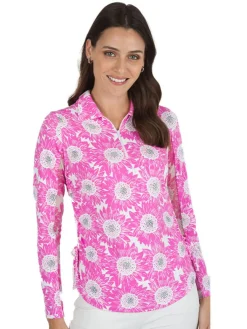 Ibkul Ruthie Print Long Sleeve Mock Neck Top - Hot Pink/White
