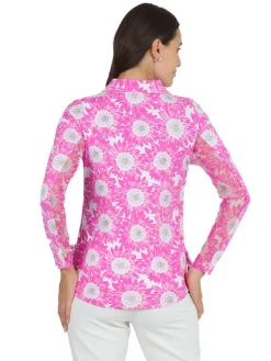 Ibkul Ruthie Print Long Sleeve Mock Neck Top - Hot Pink/White