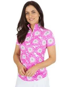 Ibkul Ruthie Print Short Sleeve Mock Neck - Hot Pink/Multi