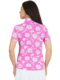 Ibkul Ruthie Print Short Sleeve Mock Neck - Hot Pink/Multi