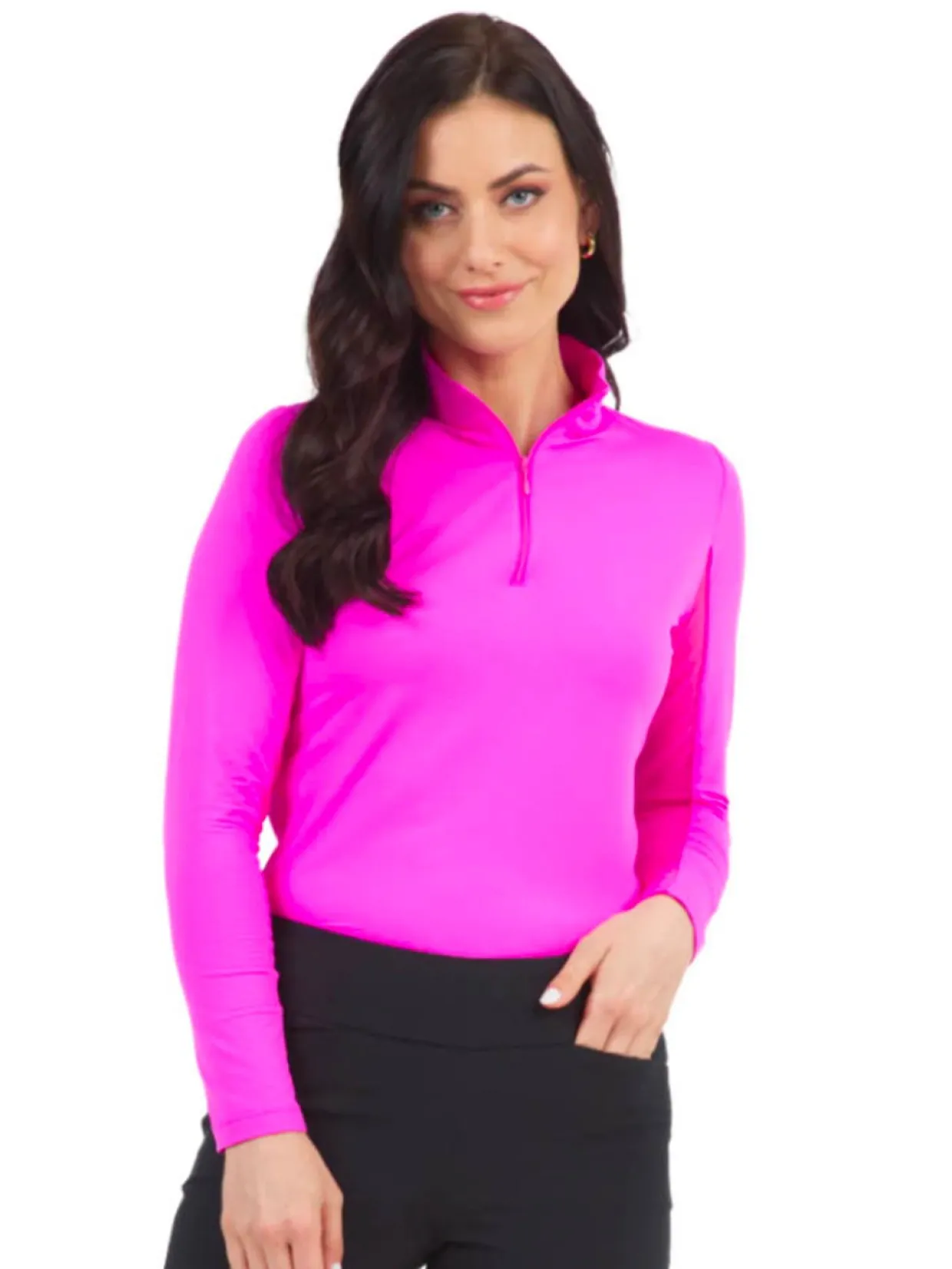 Ibkul Solid Long Sleeve Mock Neck Top - Hot Pink